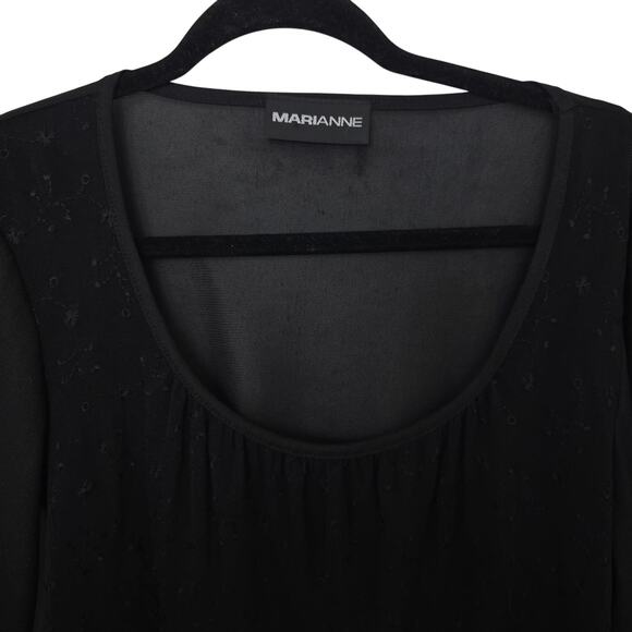 Marianne Black Sheer Beaded Fringe Top S Vintage 90s Boho Bell Sleeves - Picture 2 of 10